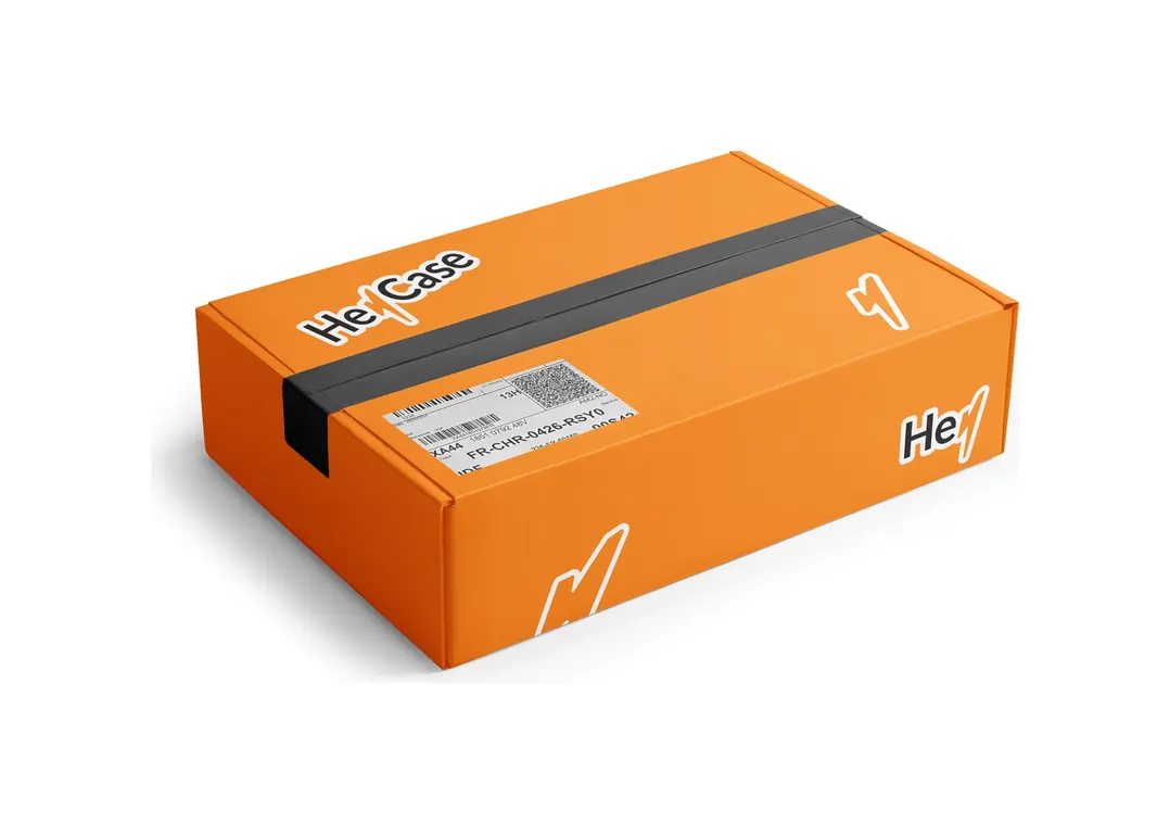 Cutie de livrare HeyCase portocalie, cu logo-ul HeyCase și fulgere portocalii conturate în alb